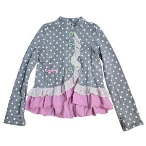 Matilda Jane Lead the Way Gray Pink Button Down Shirt Ruffle Size 10 Polka Dot